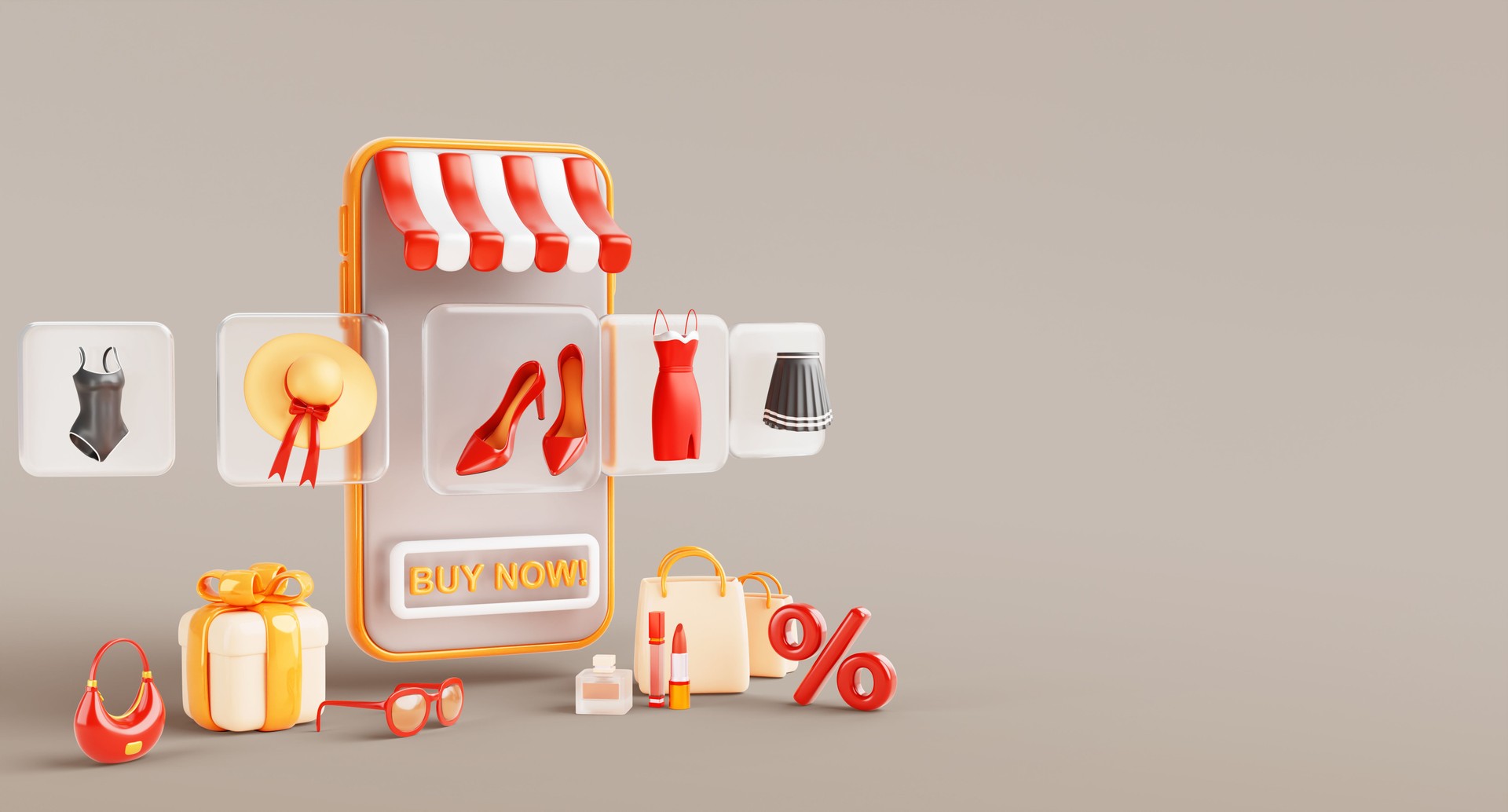 3d online fashion store sale banner. Eshop in mobile app with dress, shoes, bag on swipe glass screens. Big choice women cloth internet shopping with percent sign, gift box, lipstick