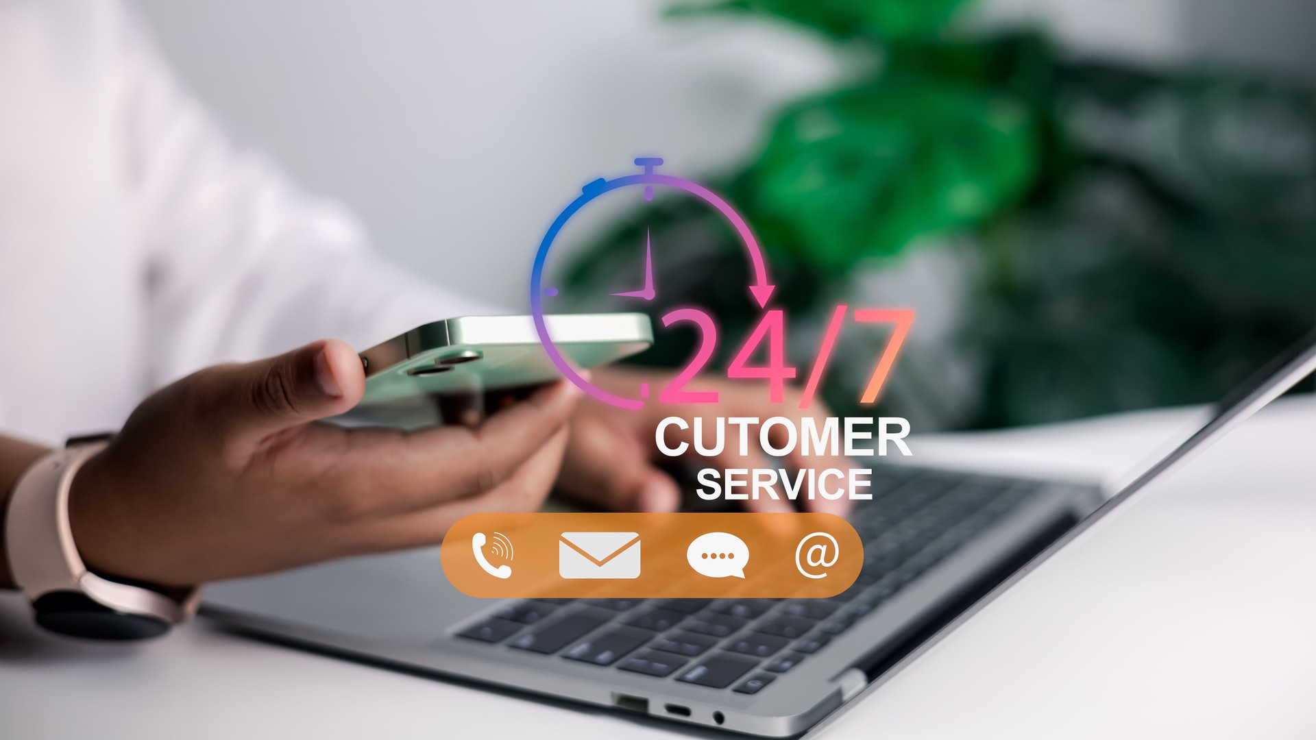 Person using a smartphone and laptop, with a graphic displaying 24/7 Customer Service and icons phone, email, chat, social media. Constant support, online communication, and excellent customer care.